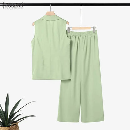ZANZEA Women's Elegant Matching Pant Sets Summer Lapel Collar Vests Tops & Wide Leg Pants 2 Piece Suits Commute Work Tracksuits