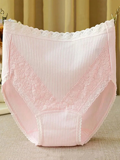 Women High-Waist Cotton Underwear Breathable Seamless Lace Trim Comfortable  Panties