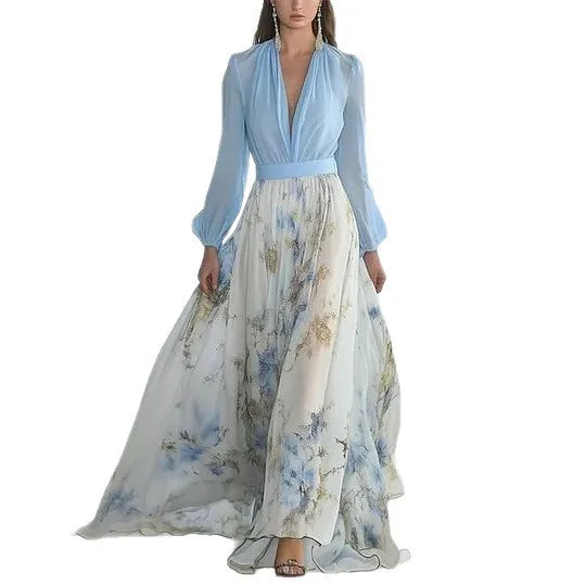 Pakistani Woman Dress Puff Sleeve V Neck High Waist Printed Maxi Dress Floral Print Flowing Skirt Blue And White Lightweight