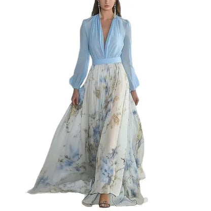 Pakistani Woman Dress Puff Sleeve V Neck High Waist Printed Maxi Dress Floral Print Flowing Skirt Blue And White Lightweight