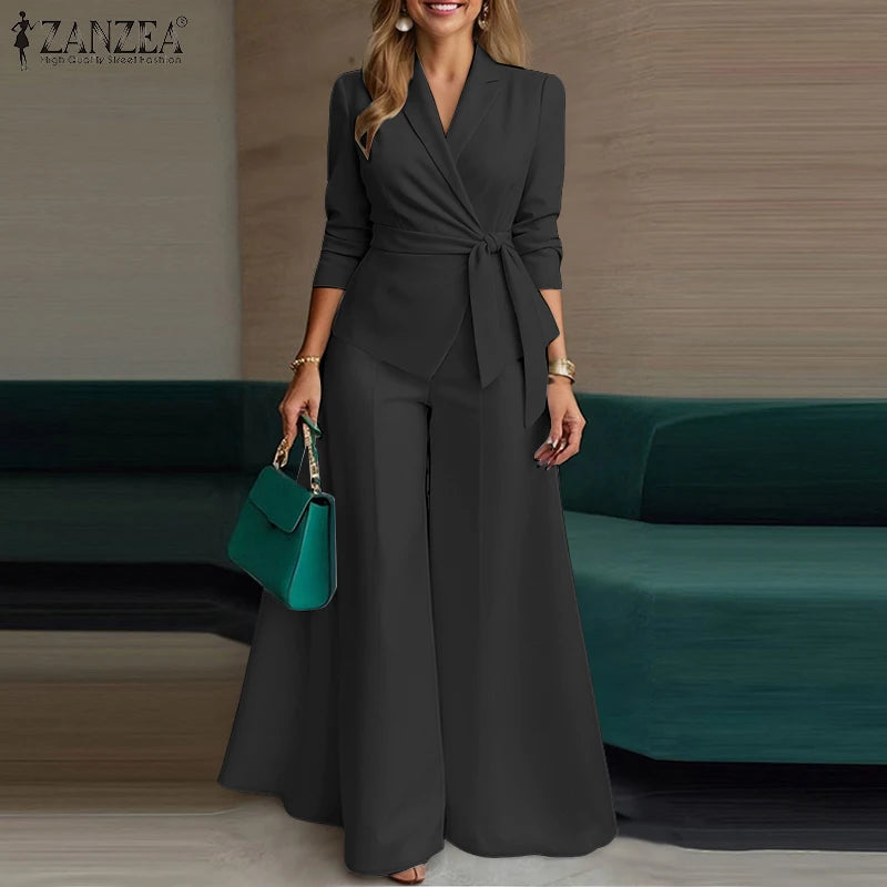 ZANZEA Women's Minimalist 2-Piece Pant Sets Elegant Long Sleeve Belted Blouse & Wide Leg Pant 2pcs Suits Office Work Co-ords