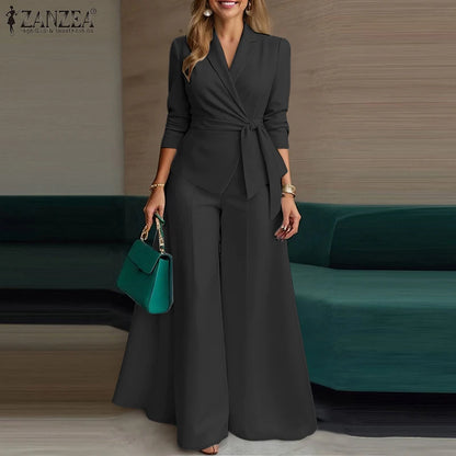ZANZEA Women's Minimalist 2-Piece Pant Sets Elegant Long Sleeve Belted Blouse & Wide Leg Pant 2pcs Suits Office Work Co-ords