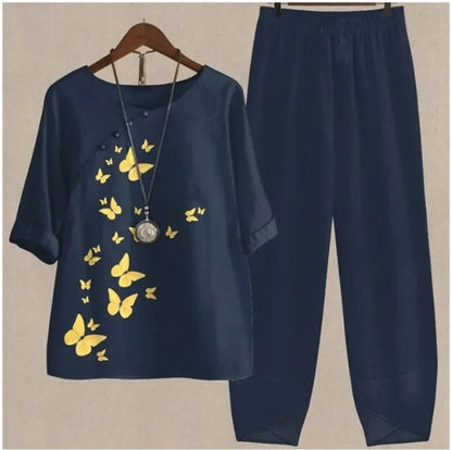 Summer Casual Two Piece Sets Women Loose Short Sleeve T-Shirt High Waist Pants Print Outfits Ladies Elegant Vintage top Pantsuit