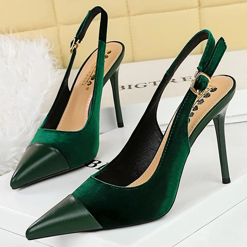 BIGTREE Shoes Suede Women Pumps Splicing Pointed Tip High Heels Hollow Out Hook Strap Heeled Sandals Women Summer Shoes Size 43