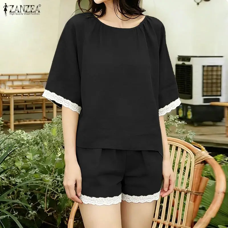 ZANZEA Fashion Summer 2 Pieces Sets Holiday Outfits Women O Neck Short Sleeve Blouse Short Sets Casual Lace Patchwork Tracksuit