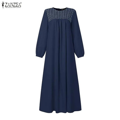 ZANZEA Elegant Muslim Abaya Dress Women Long Sleeve Plaid Patchwork Maxi Robe A-Line Loose Eid Modest Dresses Casual Kaftan 2026