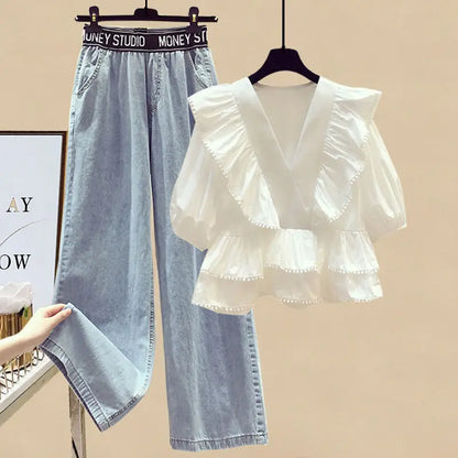 Summer Elegant Women's Pants Set Pleated Chiffon Shirt Top Sports Jeans Two-piece Set Trouser Suits Female Clothing Tracksuit