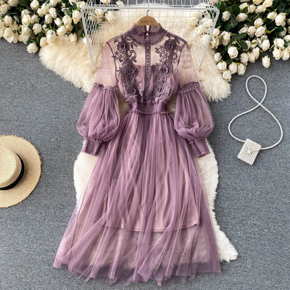 Ladies Dress Three-dimensional Flower See Through Mesh Temperament Stand Collar Lantern Sleeve High Waist Slim Female Dresses
