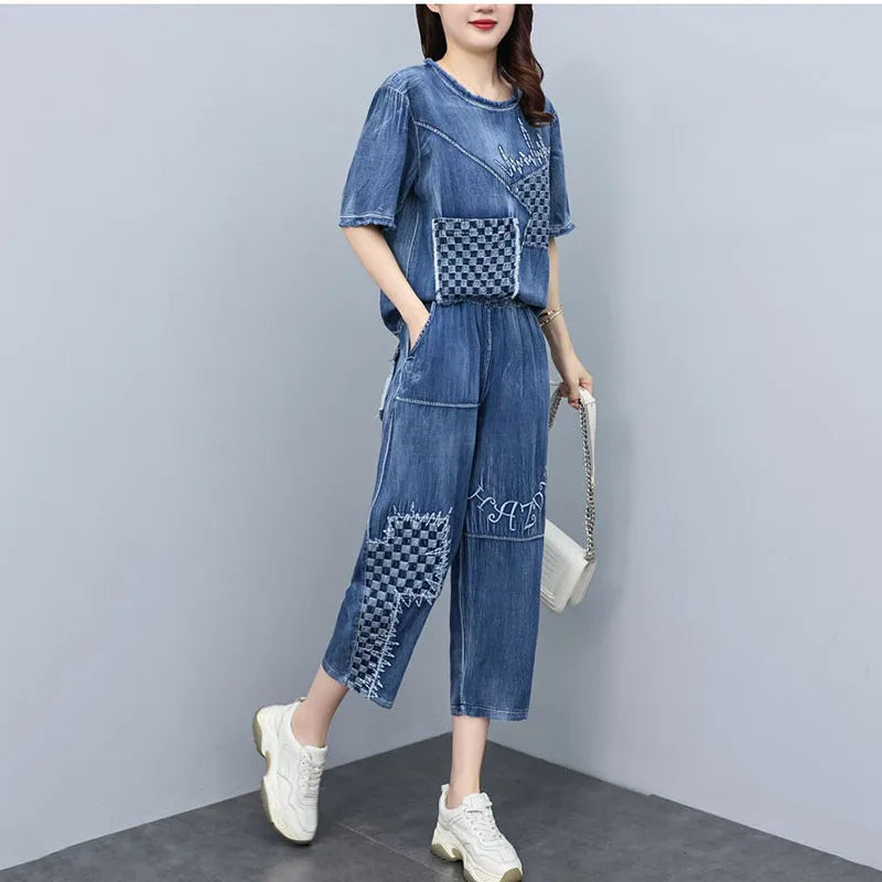 2026 Summer Women Embroidered Mosaic Lattice Denim Two-Piece Suit Fashion Sportswear Female Casual Loose 2 Piece Set Ladies