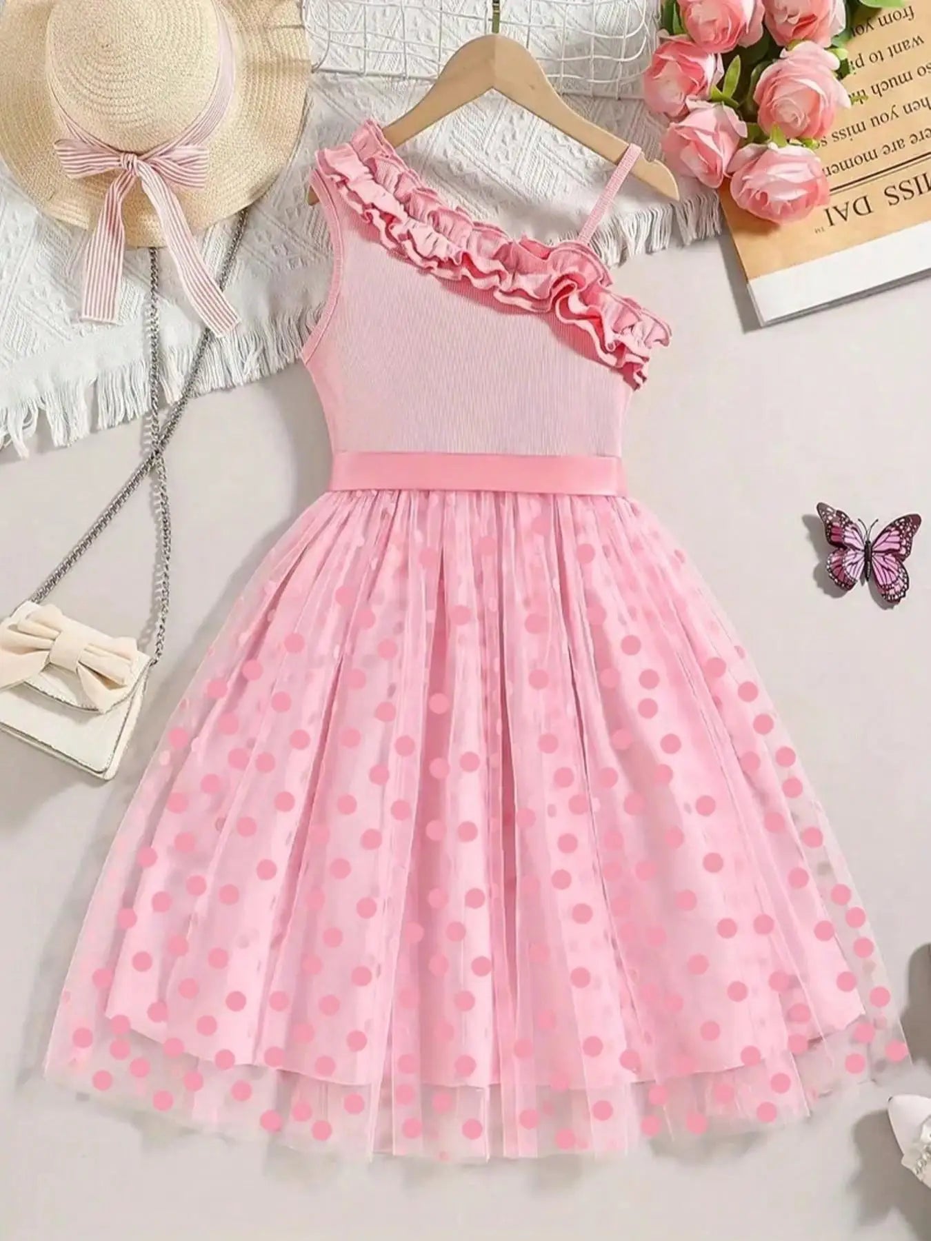 Leisure and Sweet Summer Girl Ruffle Decoration Cami Tutu Dress Princess Mesh Children's Dress