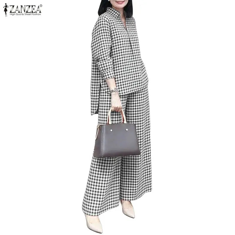 ZANZEA Women's Gingham Pant Suits Collared Long Sleeve High-Low Blouse & Wide Leg Pant 2 Pieces Sets Streetwear Casual Outfits