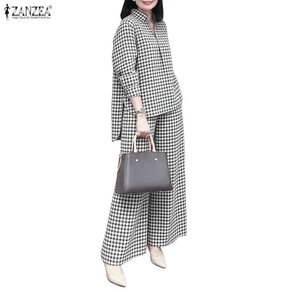 ZANZEA Women's Gingham Pant Suits Collared Long Sleeve High-Low Blouse & Wide Leg Pant 2 Pieces Sets Streetwear Casual Outfits