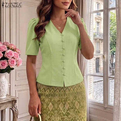 ZANZEA Elegant Woman Princess Seam Blouses Summer V-Neck Puff Sleeves Button Up Solid Short Tops Sophisticated Date Night Blusas