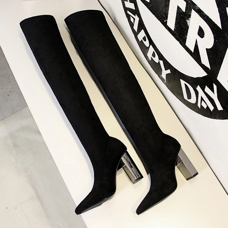 BIGTREE Shoes Women Sexy Over The Knee Boots Pointed Top Stretch Boots Thick Heel High Boots Black Long Boots Autumn Winter Shoe