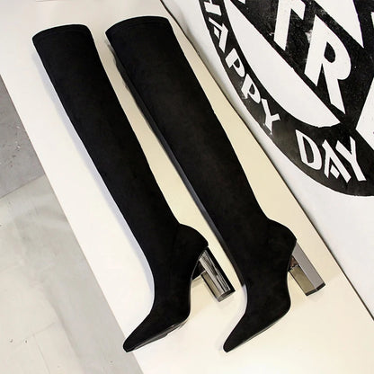 BIGTREE Shoes Women Sexy Over The Knee Boots Pointed Top Stretch Boots Thick Heel High Boots Black Long Boots Autumn Winter Shoe