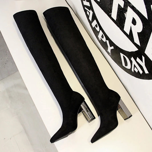BIGTREE Shoes Women Sexy Over The Knee Boots Pointed Top Stretch Boots Thick Heel High Boots Black Long Boots Autumn Winter Shoe