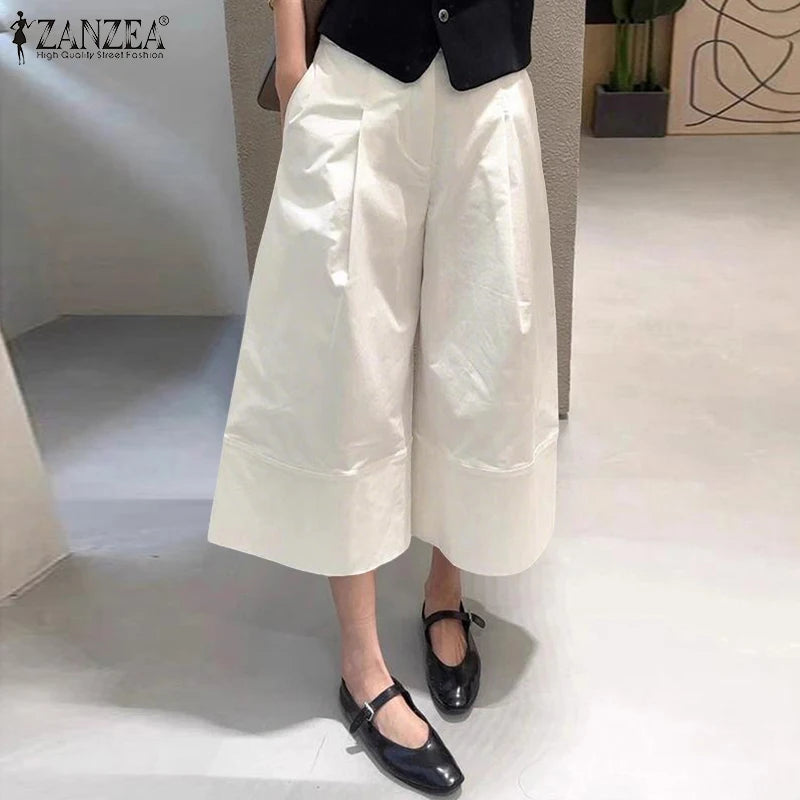 ZANZEA 2026 Women Casual Calf-Length Pants Elastic Back Waist Solid Color Wide-Leg Cropped Pant Autumn Loose Cozy Woman Bottoms