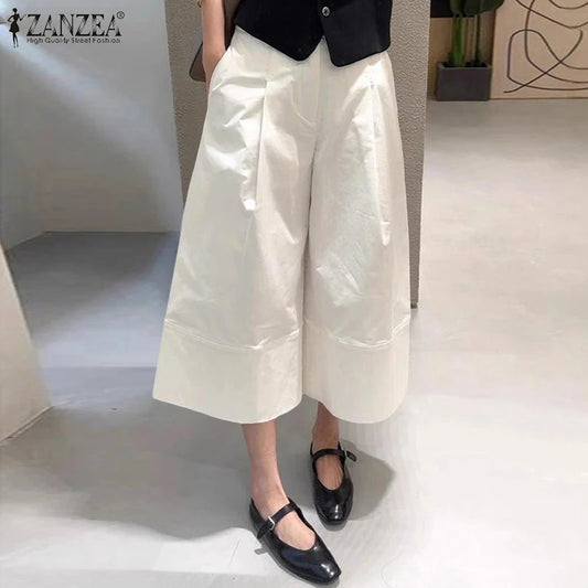 ZANZEA 2026 Women Casual Calf-Length Pants Elastic Back Waist Solid Color Wide-Leg Cropped Pant Autumn Loose Cozy Woman Bottoms
