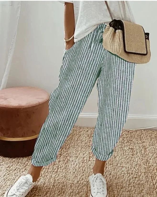 European and American Cross border Women's Summer New Fashionable Loose Stripe Printed Elastic Waist Drawstring Casual Pants