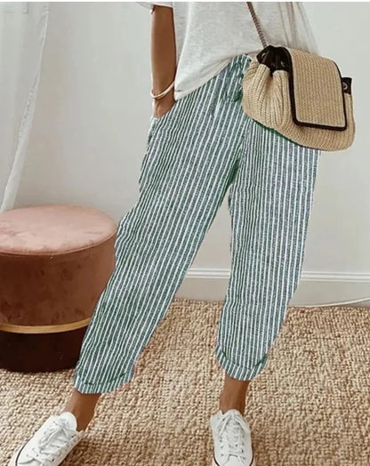 European and American Cross border Women's Summer New Fashionable Loose Stripe Printed Elastic Waist Drawstring Casual Pants