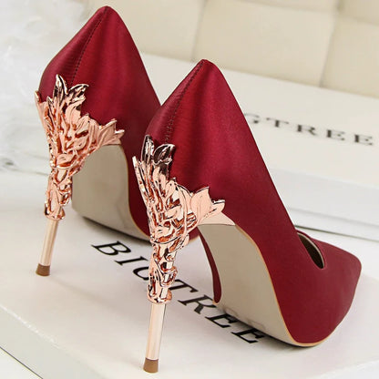 BIGTREE Shoes Women Pumps Flower Carved Metal Heel Women Shoes Fashion Wedding Shoes Satins Stilettos Heels 10 Cm High Heels