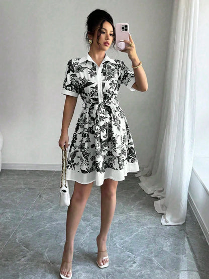 Dresses for Women New Summer Short Sleeve Turn Down Collar Women Dress Lace-up Print Dress Women Vestidos De Verano Mujer Q4136