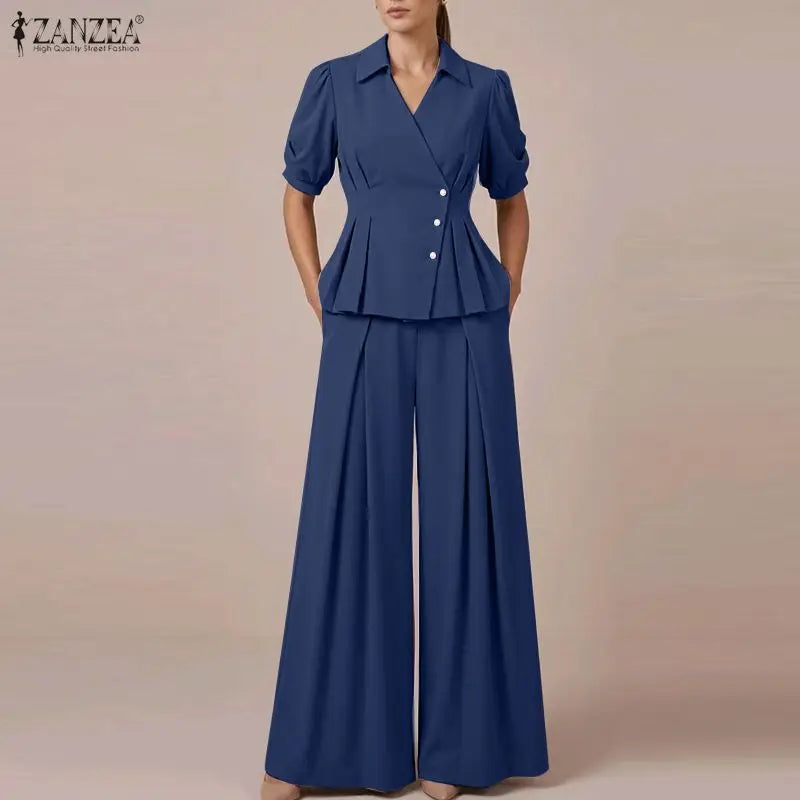 Women Elegant Office Pant Sets Puff Sleeve Peplum Tops Wide Leg Pants Pleated Cinched Waist Workwear V-Neck Solid Suit ZANZEA