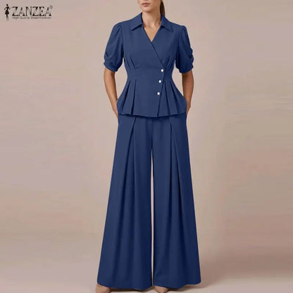 Women Elegant Office Pant Sets Puff Sleeve Peplum Tops Wide Leg Pants Pleated Cinched Waist Workwear V-Neck Solid Suit ZANZEA