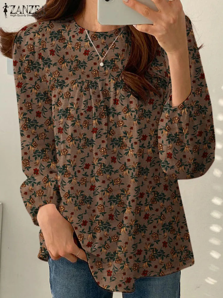 ZANZEA Women's Elegant Floral Blouses Autumn Cotton Linen Long Puff Sleeve O-Neck Gathered Loose Tops Casual Daily Woman Clothes