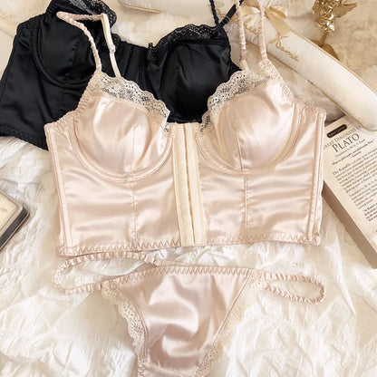 Summer Women Lingerie Set French Sexy Lace Ultra Thin Bra Set Silk Fabric Comfort Adjustable Strap Bralette Thongs Underwear Set