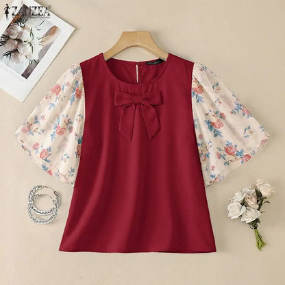 ZANZEA Women's Bow Detail Blouses Elegant O-Neck Floral Printed Chiffon Patchwork Sleeves Tops Summer Daily Wear Blusas de Mujer