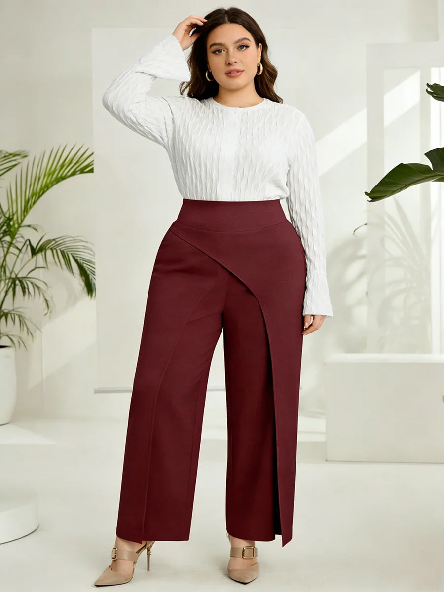 Plus Size Women's Pants High Waist Back Zipper Solid Textured Wide Leg Bottoms Elegant Spring Summer Office Stretch Bottoms