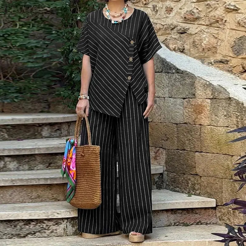 ZANZEA Stylish Summer 2 Pieces Sets Women Striped Tracksuit O Neck Short Sleeve Blouse Pants Sets Holiday Outfits Matching Sets