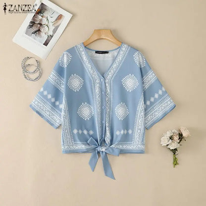 ZANZEA Women Ethnic Style Printing Blouses Casual V-Neck Half Bell Sleeves Button Up Tied-Hem Shirts Summer Loose Vacation Tops