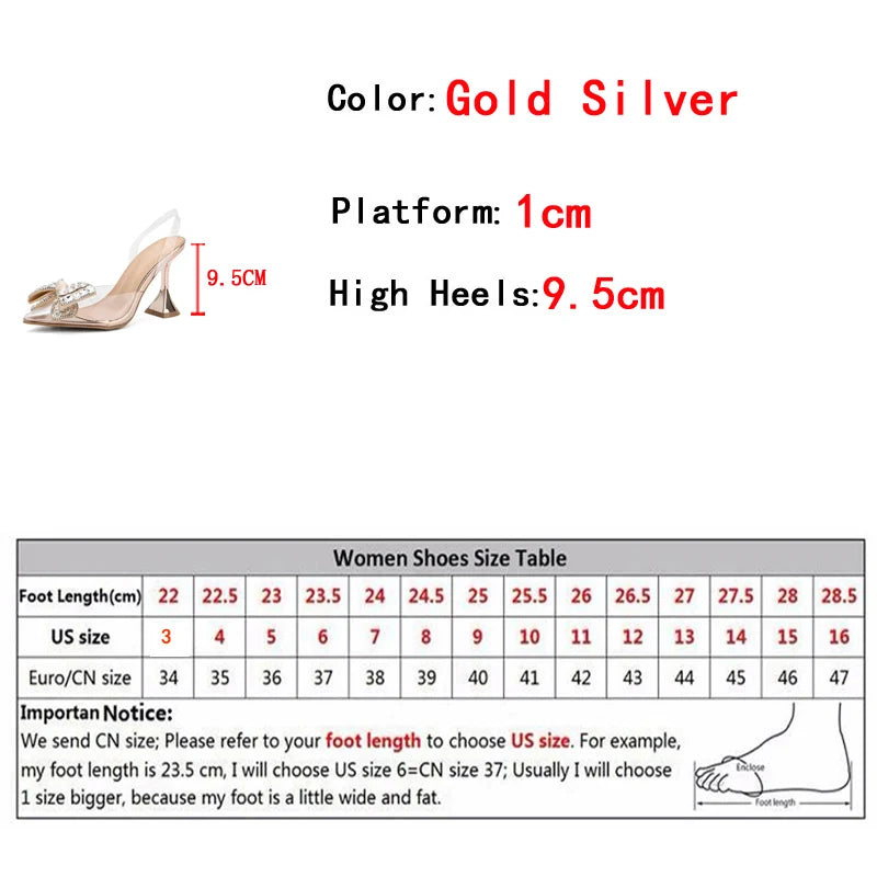 Liyke 2026 New Silver Crystal Bowknot Women Pumps High Heels Transparent Sandals Sexy Pointed Toe Wedding Banquet Shoes Size 41