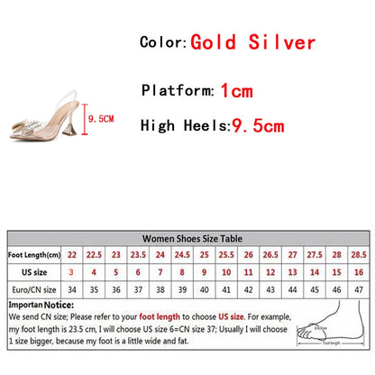 Liyke 2026 New Silver Crystal Bowknot Women Pumps High Heels Transparent Sandals Sexy Pointed Toe Wedding Banquet Shoes Size 41
