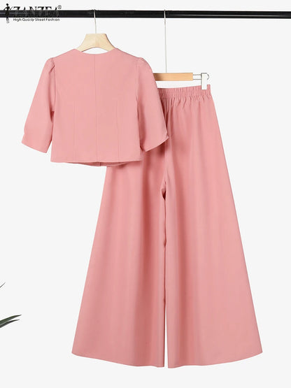ZANZEA Women's Pant Sets 2 Piece Elegant Chic Short Crop Tops & Wide Leg Pants Two Piece Outfits Trouser Suits Woman Clothes 3XL
