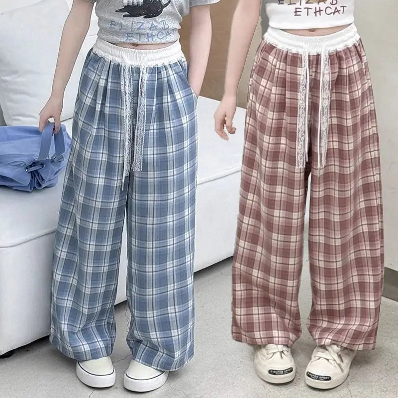 Girls' Wide Leg Pants Summer 2026 Icy Silk Plaid Loose Fit Slimming Casual Sportswear Adjustable Waist Breathable Long Pants