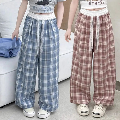 Girls' Wide Leg Pants Summer 2026 Icy Silk Plaid Loose Fit Slimming Casual Sportswear Adjustable Waist Breathable Long Pants