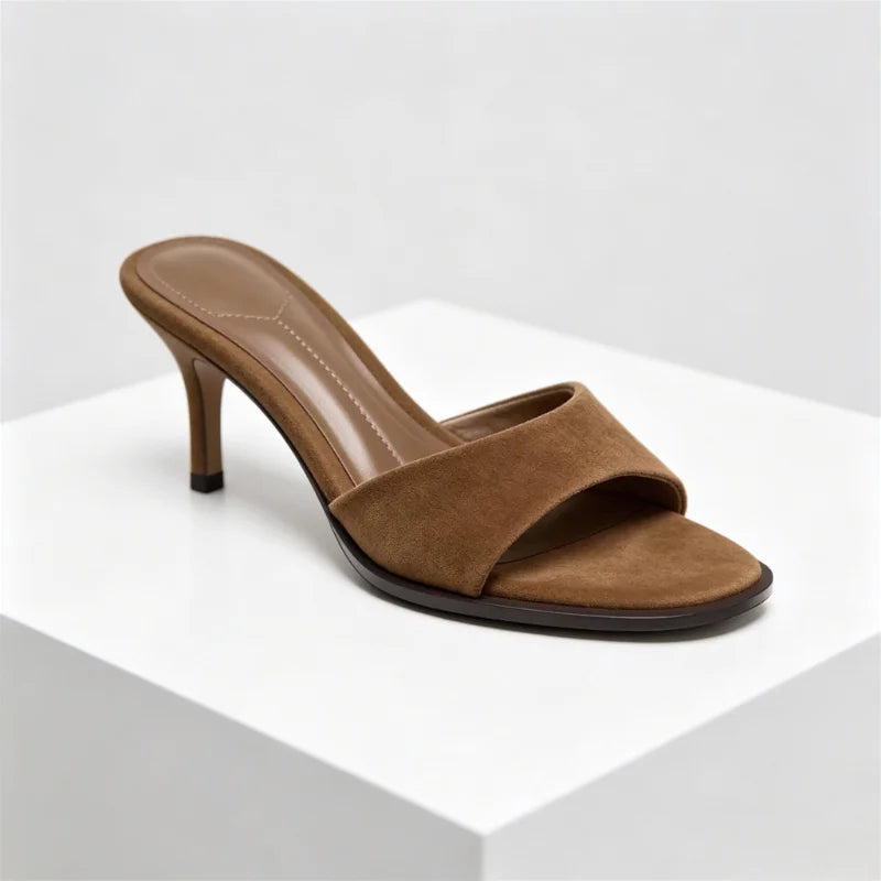 High Quality Brown Satin Slippers Women Fashion Pointed Toe Thin Heel Slide Sandals Comfort Concise Designer Shoes Zapatos Mujer