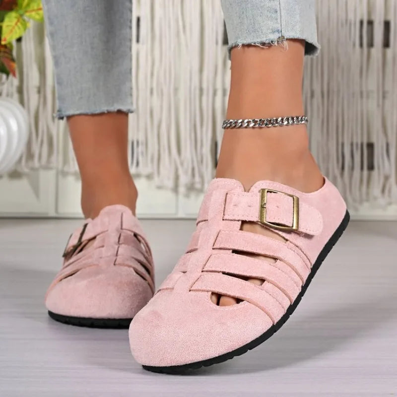 Women Summer Mules Suede Fisherman Shoes Closed Toe Buckle Cut-out Flat Casual Footwear Soft Sole Comfortable Slip-on