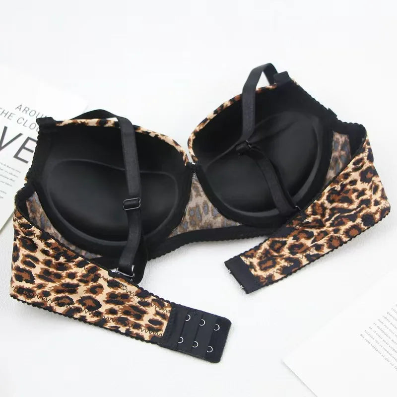 New 2025 Leopard Print Upper Thin Lower Thick Bra Set  Sexy Push-Up Bra Set