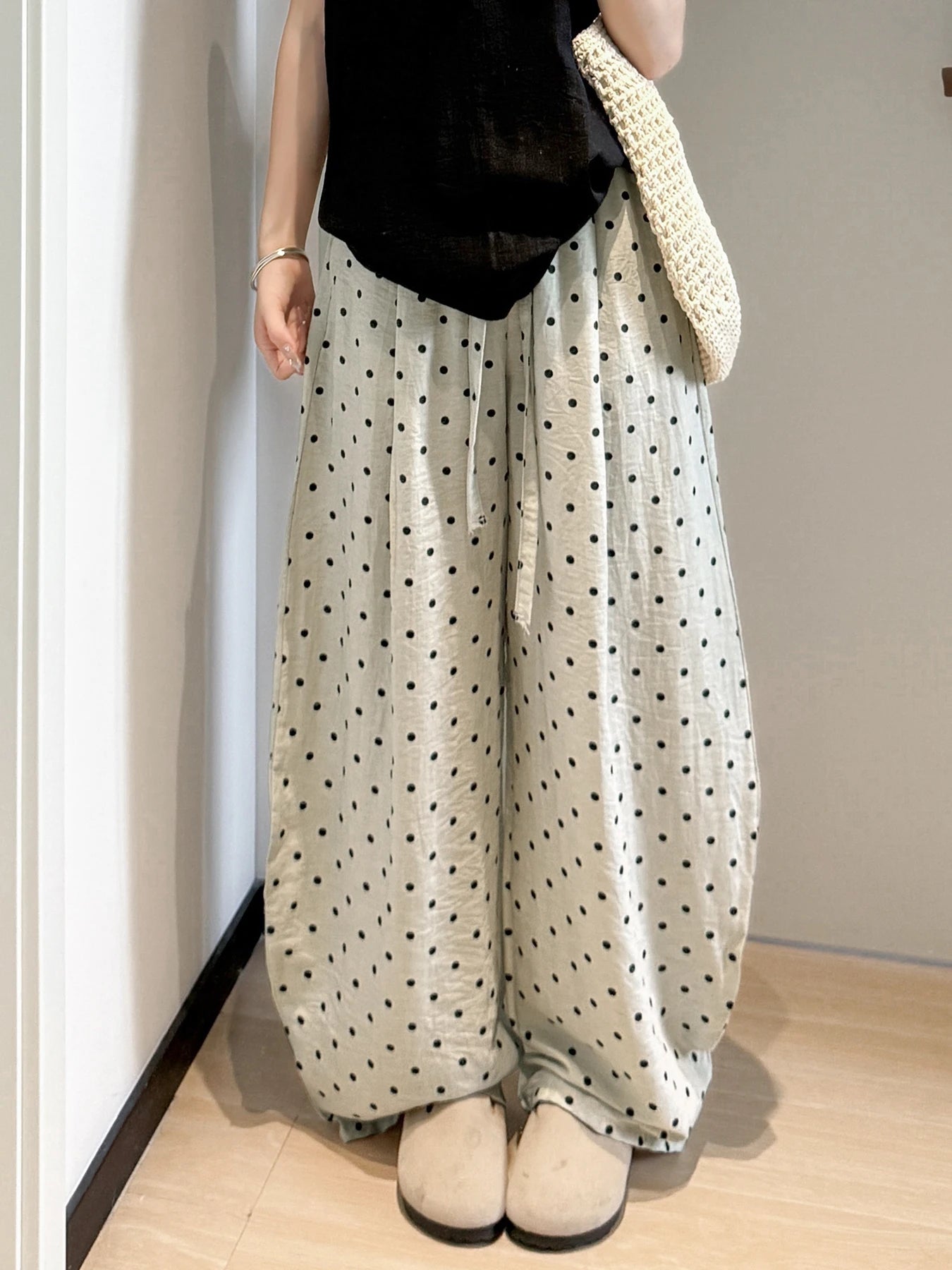 Linen Polka Dot Wide-Leg Pants for Women's Summer, Thin High-Waisted Loose and Laid-Back Style Yamamoto Pants, Casual Straight-L