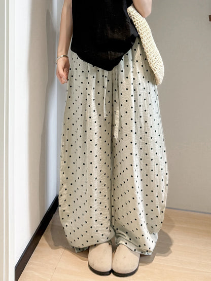Linen Polka Dot Wide-Leg Pants for Women's Summer, Thin High-Waisted Loose and Laid-Back Style Yamamoto Pants, Casual Straight-L