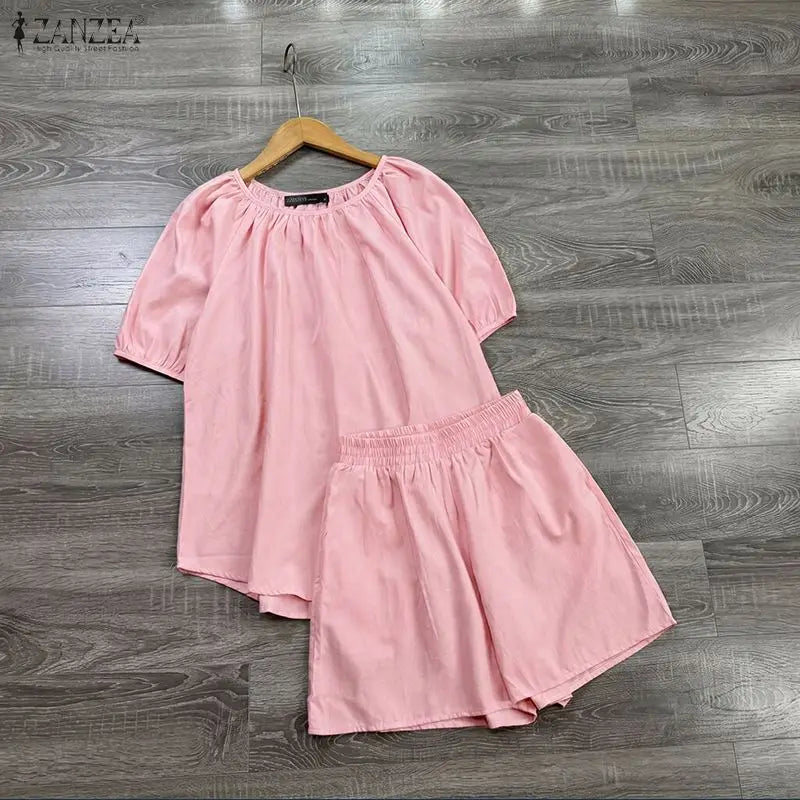 ZANZEA Women 2 Piece Matching Short Sets Loose Short Puff Sleeve Blouse & Elastic Waist Shorts Suits Summer Daily Sets Outfits