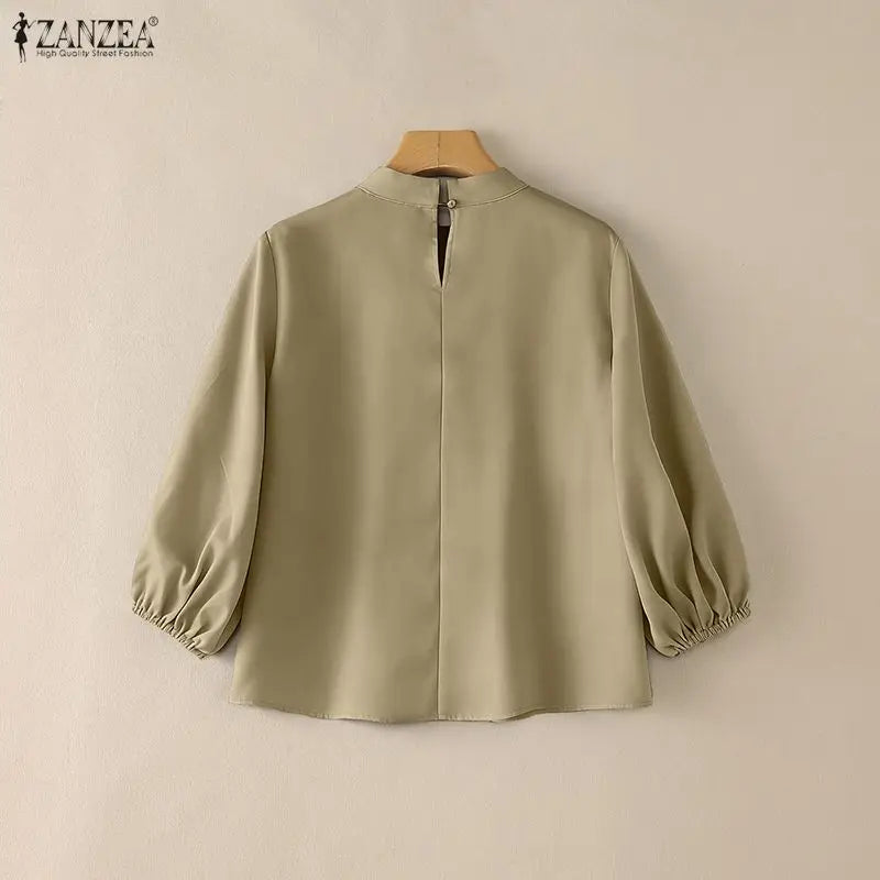ZANZEA Women 3/4 Lantern Sleeve Blouses Summer Stand Collar Pleated Detailing Solid Color Tops Spring Commute Work Blusas Mujer