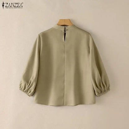 ZANZEA Women 3/4 Lantern Sleeve Blouses Summer Stand Collar Pleated Detailing Solid Color Tops Spring Commute Work Blusas Mujer