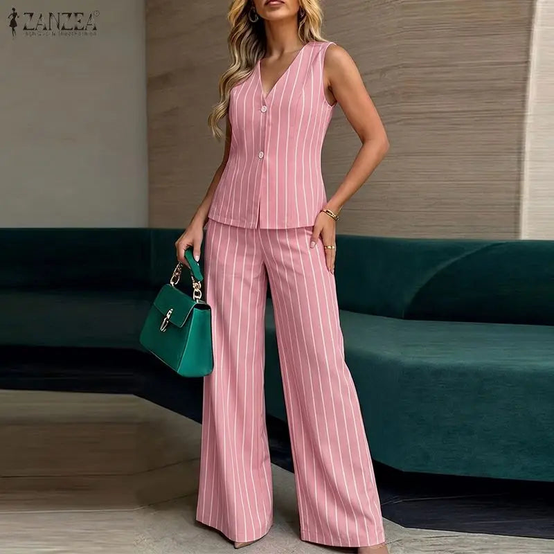 ZANZEA Summer Women Striped Matching Sets Sleeveless Vest Top & Wide Leg Pant 2 Piece Suits Office Commute Pant Sets Outfits