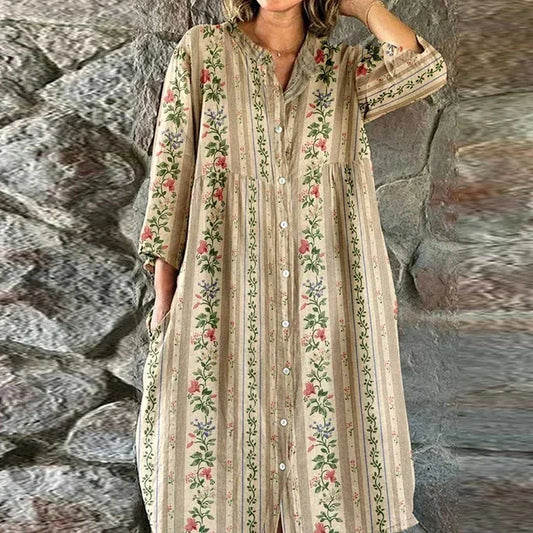 Bohemian Loose Single Breasted Dress Women's Casual O-neck Pocket Commuting Dress Spring Summer Floral Print Long Sleeved Dress