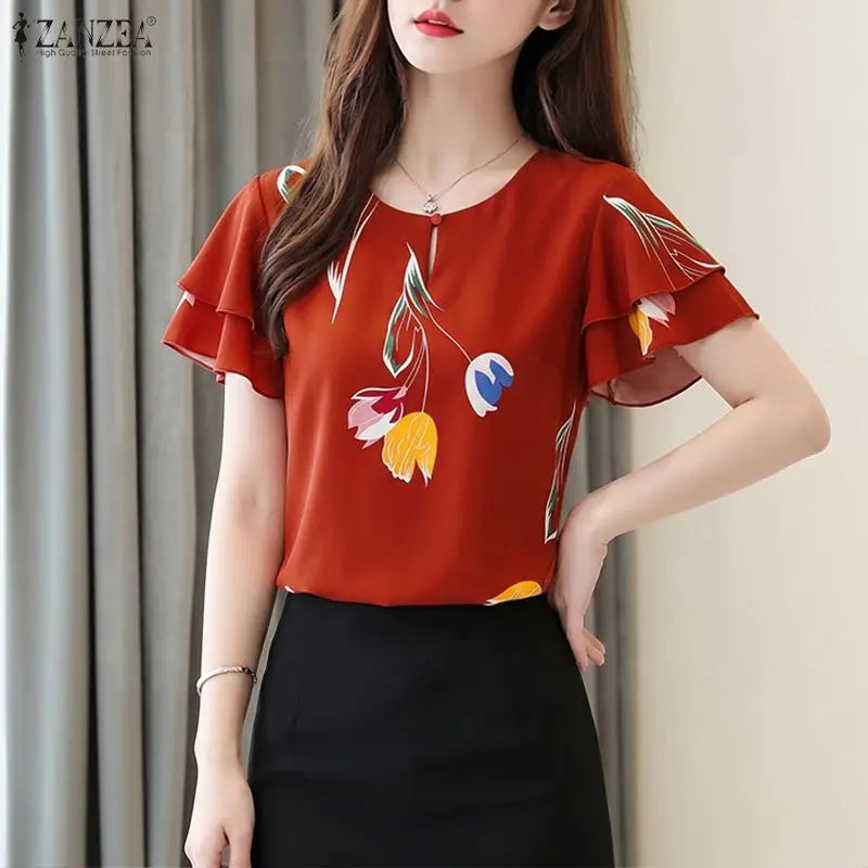 ZANZEA Woman Summer Floral Print Pullover Blouses Layered Ruffles Sleeves Keyhole O-Neck Blusas Mujer Daily Casual Dates Tops